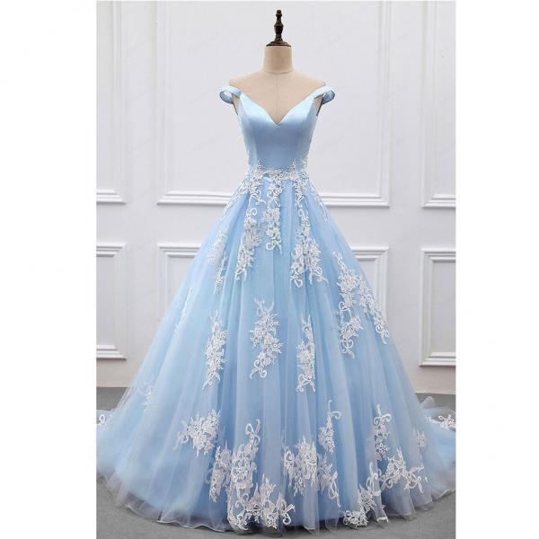 Ball Gown Off-the-Shoulder Court Train Blue Tulle Prom Dress on Luulla