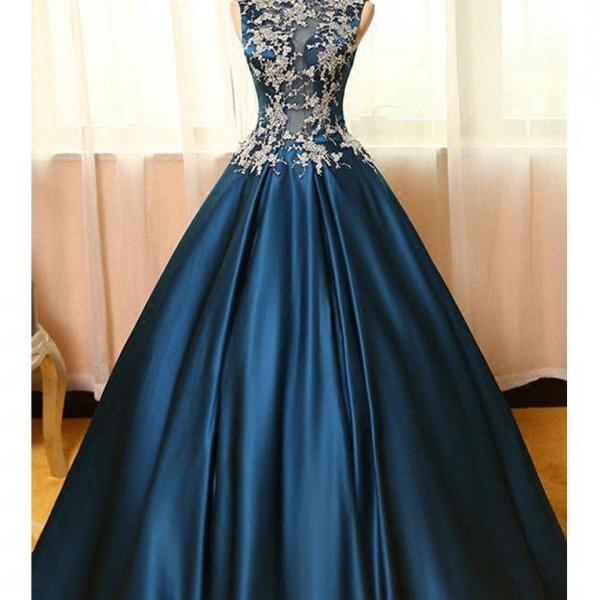 High Neck Applique Bodice A Line Long Satin Prom Dresses Evening ...