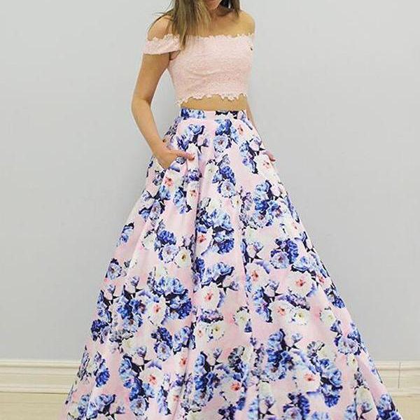 2018 Two Piece Pink Floral Prom Dress Cheap Long Prom Dress on Luulla