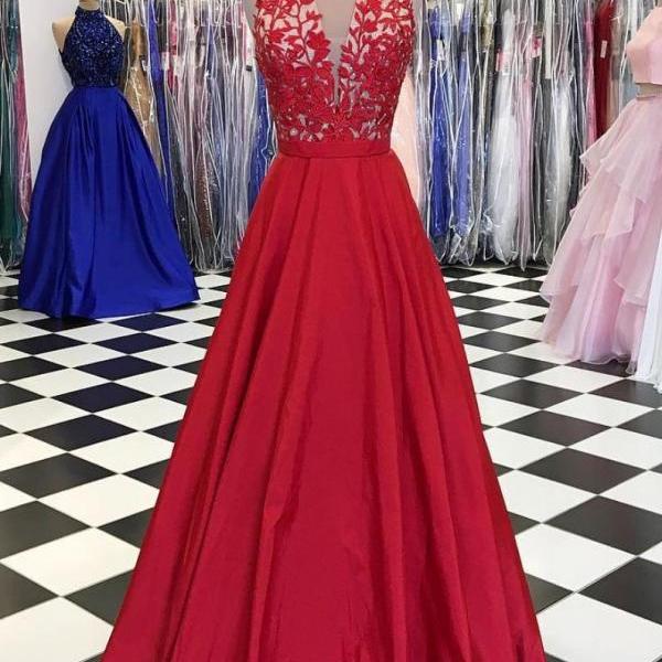 Red V Neck Lace Applique Long Prom Dress, Red Evening Dress on Luulla