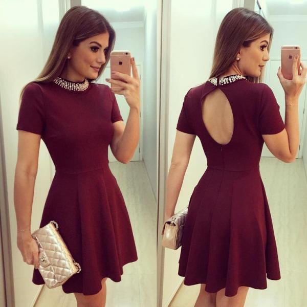 A Line Burgundy High Neck Short Sleeves Homecoming Dresses Party ...