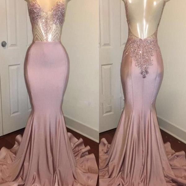 Newest Pink Beads Spaghetti Strap Prom Dress,mermaid Prom Dress,high ...