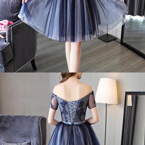 Vintage A-Line Off the Shoulder Sleeveless Tulle Pleated Short-Mini Homecoming Dress