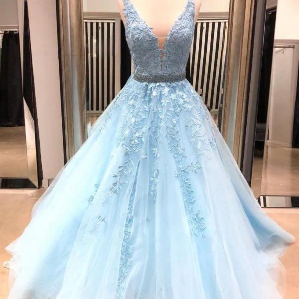 Fairy Halter V Neck Sky Blue Tulle Sequin Beaded A Line Long Prom Dress Party Gown