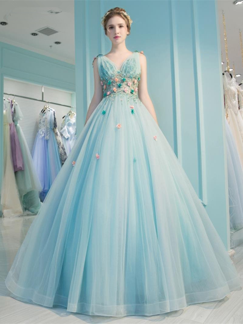 Illusion Light Blue Flowers Prom Dress,V-Neck Evening Dress,A-Line ...
