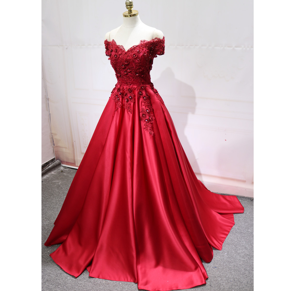 Red Off Shoulder Lace Long A-line Evening Prom Dresses on Luulla