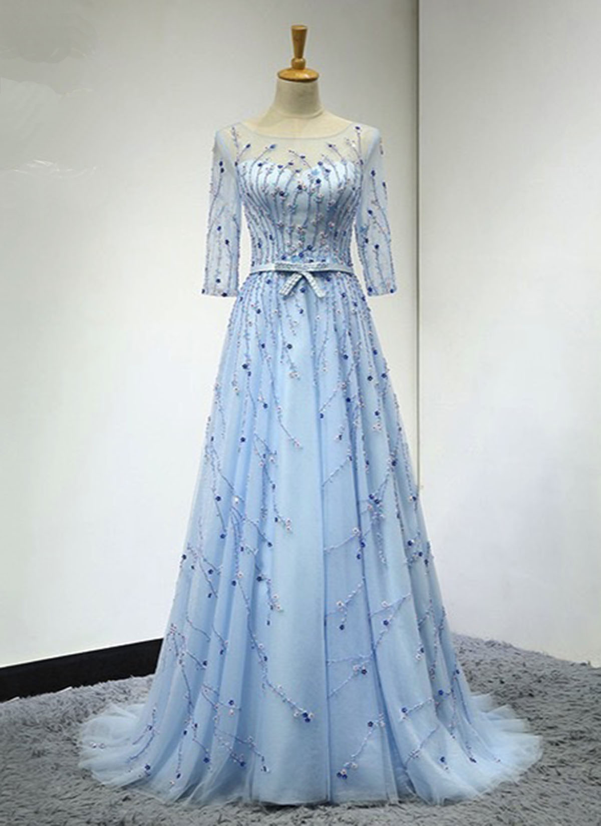 Beaded Blue Satin Tulle Party Dress Retract Your Waist Evening Dress main image 0