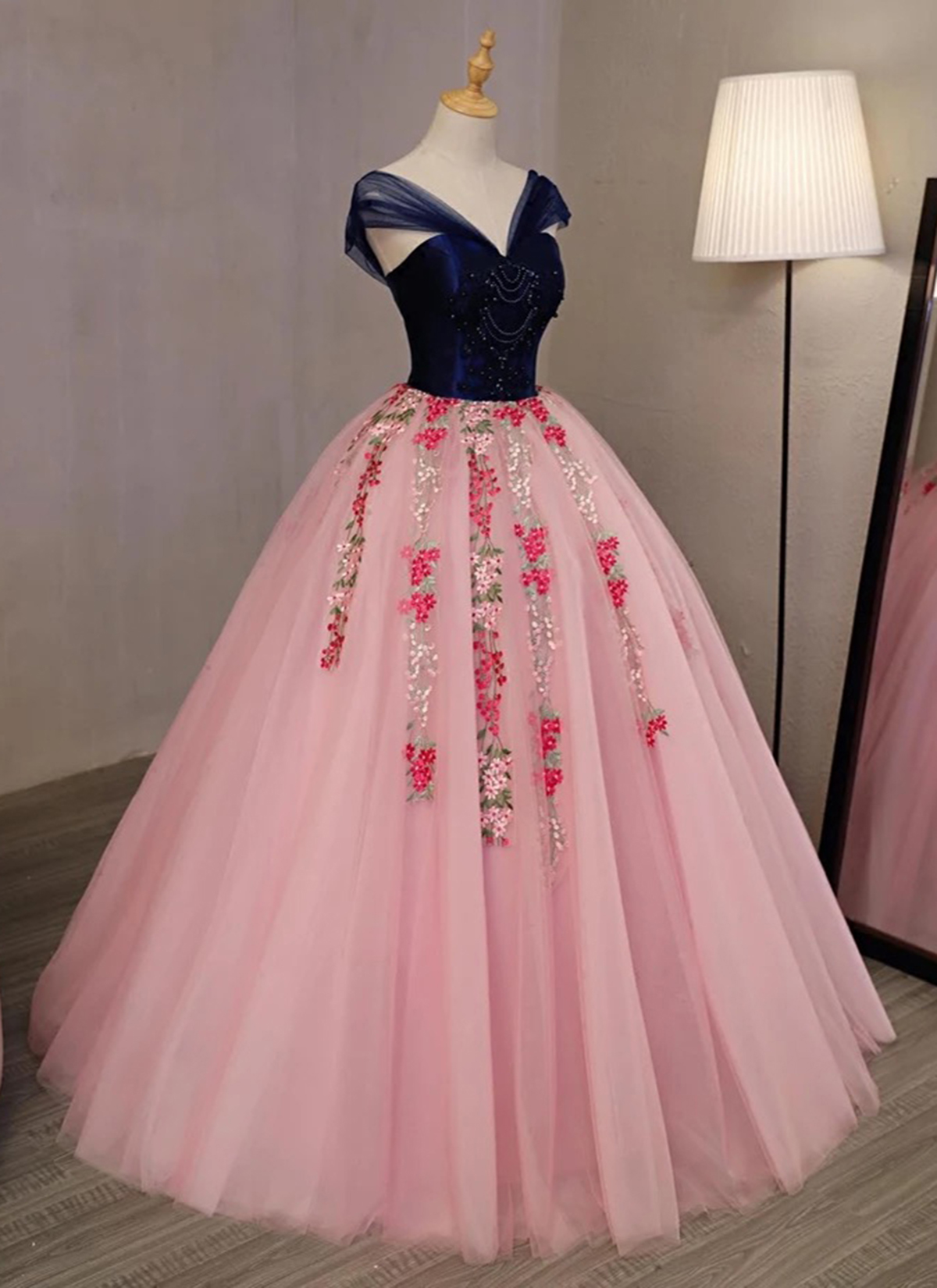 Pink Embroidery Tulle V Neck Long Beaded Evening Dress, Navy Blue ...