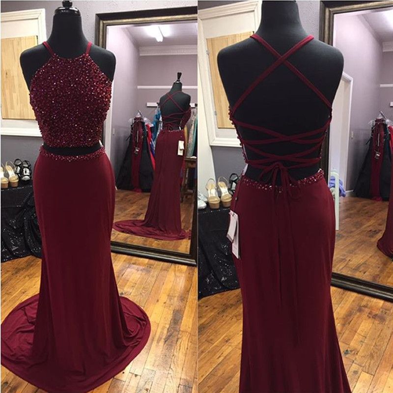 Split Criss Cross Back Two Pieces Burgundy Prom Dress main image 0