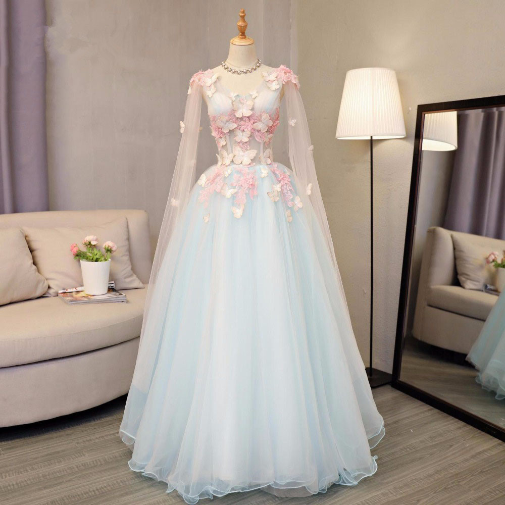 Sky Blue Tulle Long Aline Dress, Long V Neck Butterfly Party Dress on