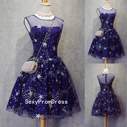 Beaded Scoop A-Line Ruffle Knee-Length Dress Royal Blue