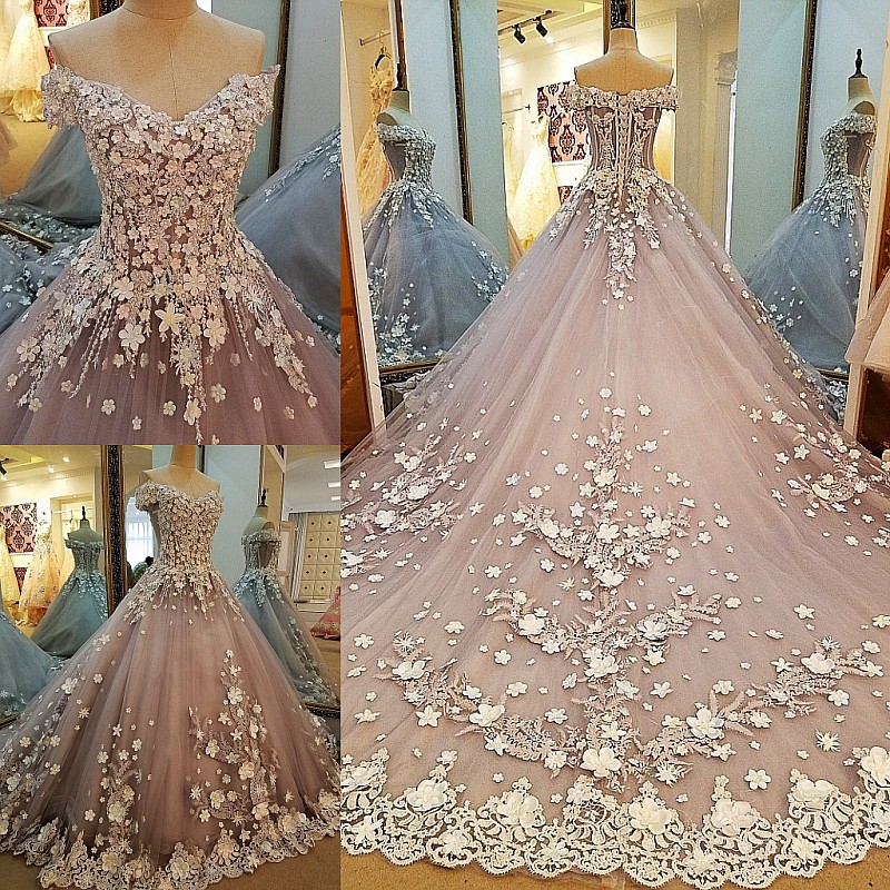 Romantic Ball Gown Sweetheart 3D Flowers Ivory Train Prom Dress Hot Sale