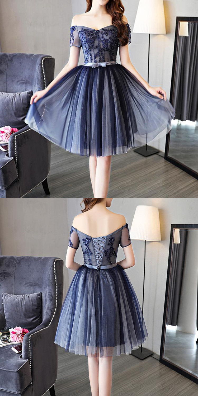 Elegant Off-shoulder Short A-line Tulle Homecoming Dresses For Party Online, HD0798