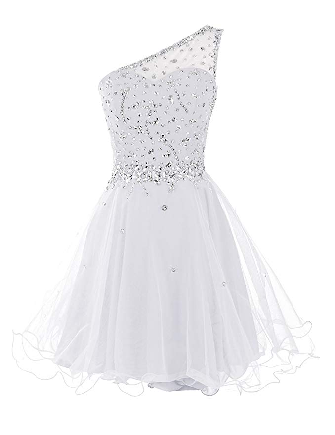 White Beaded One Shoulder Homecoming Dresses,sleeveless Mini Prom Dress ...