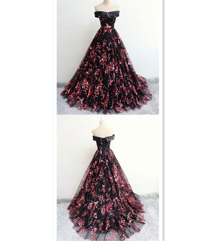 Elegant Black Appliques Long Prom Dress,off Shoulder A-line Ball Gown ...
