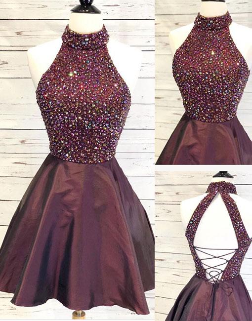 2019 Burgundy Beaded Crystals Short Dresses ALine Cute Cheap Party Dresses on Luulla