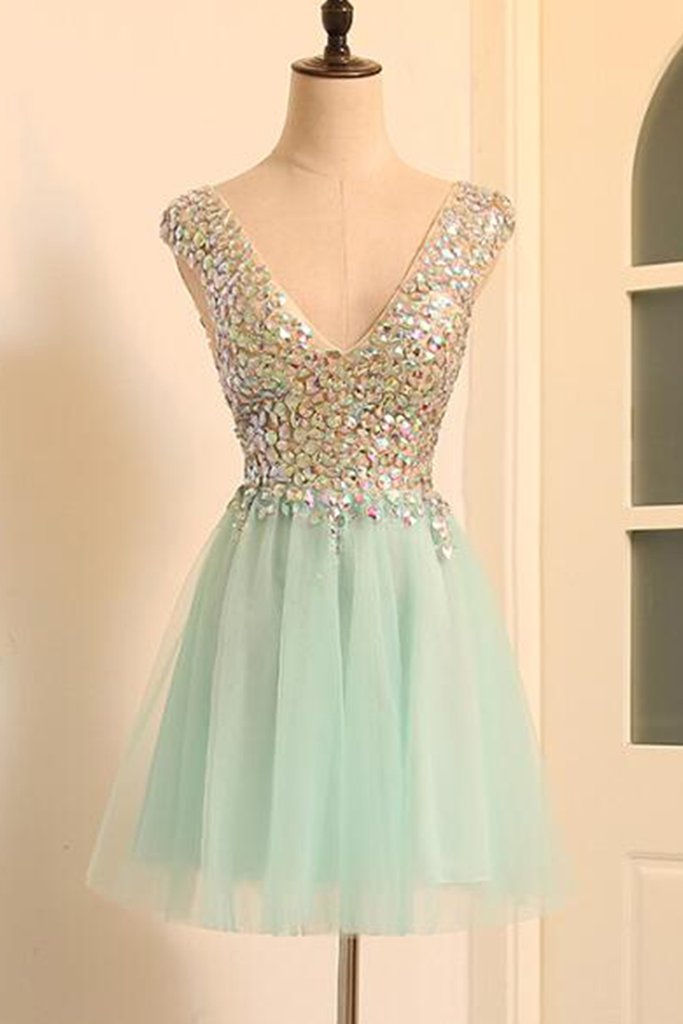 Mint Tulle V-neck Beaded Short Prom Dress For Teens,tulle Party Dress ...