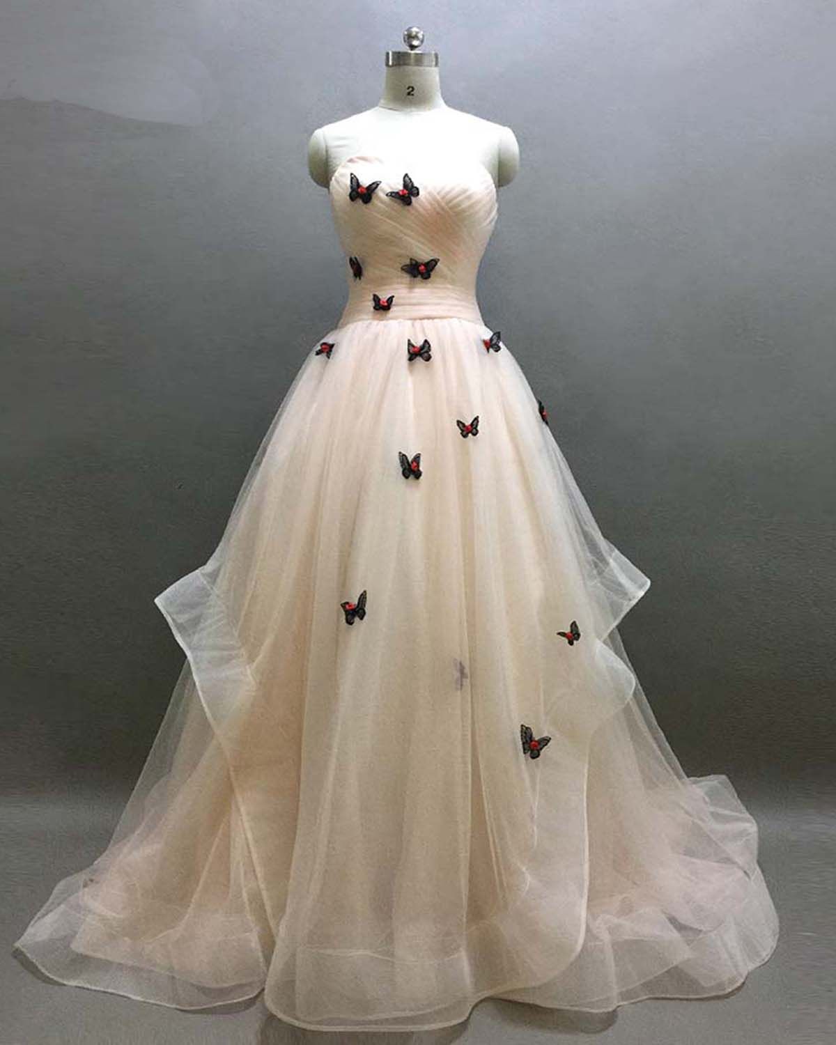 Ivory Sweetheart Ruffle Prom Dress, Beautiful Butterfly Appliques Lace