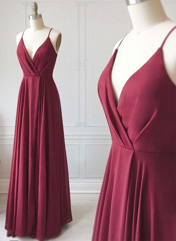 Pleated V-neck 3/4 Sleeves Chiffon Long Dress Burgundy