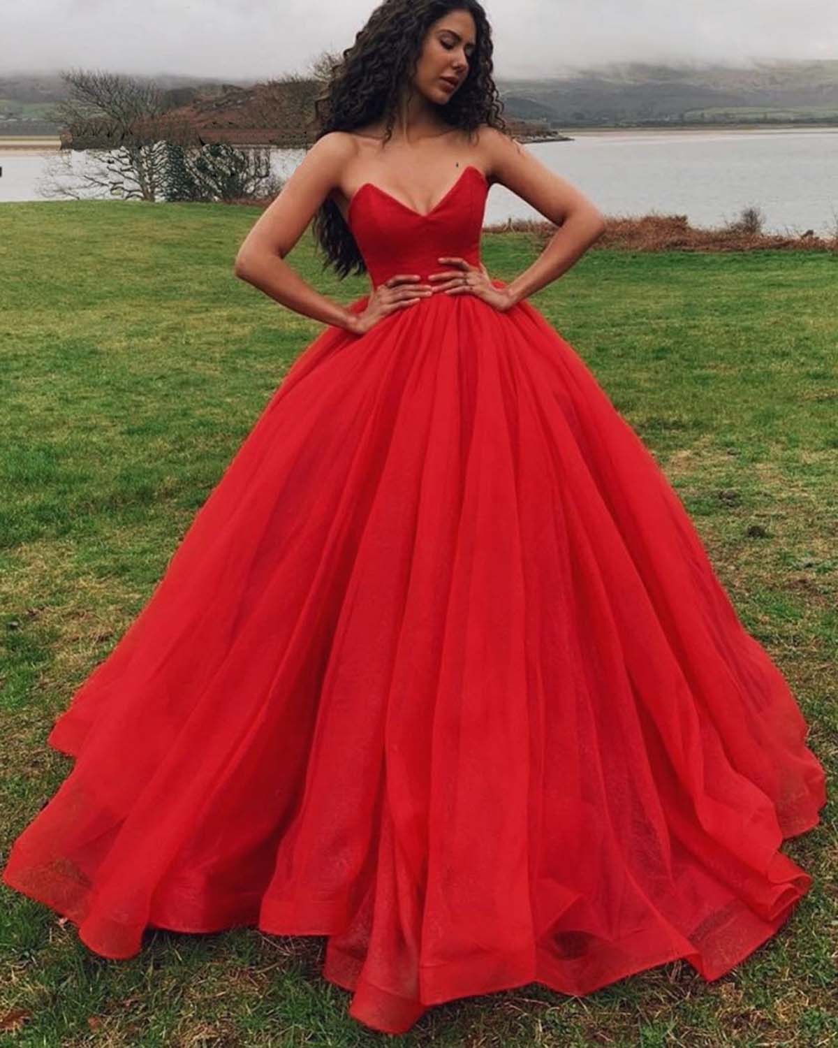 Red Tulle V Neck Long Puffy Prom Gown, Red Evening Dress on Luulla