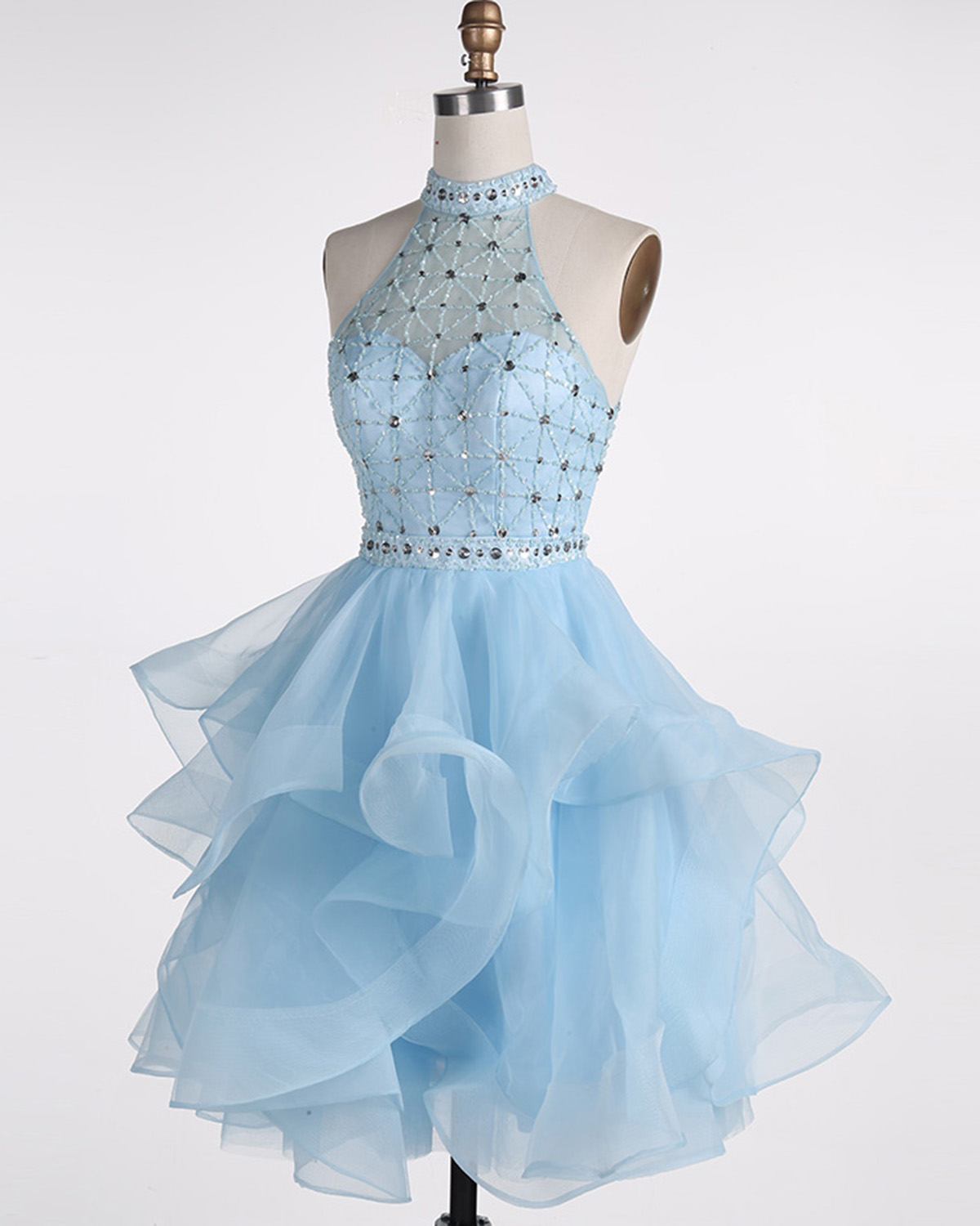 Ice Blue Tulle Strapless Short Beaded Prom Dress, Dress on