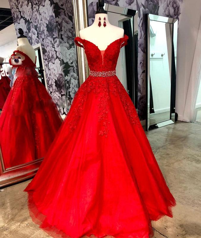 Red Tulle Off Shoulder Long Lace Formal Prom Dress, Beaded Evening ...